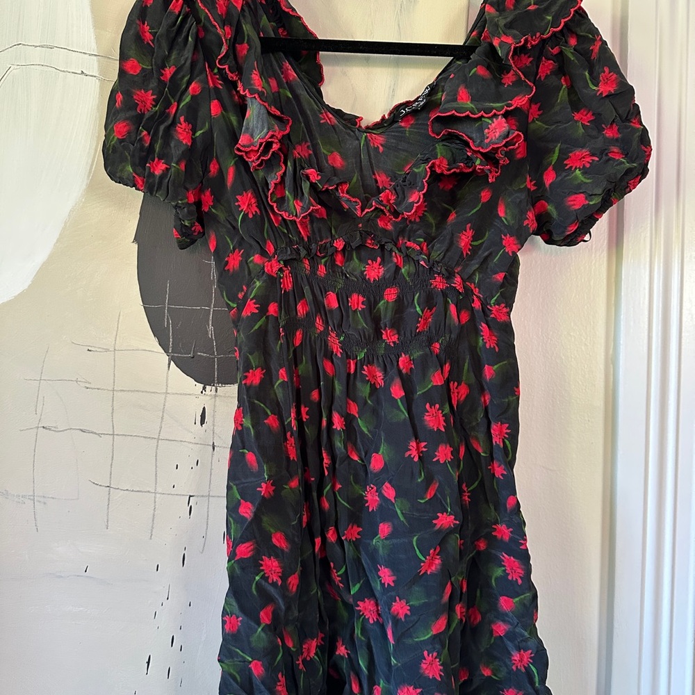J. Crew Black Dress with Red Floral Accents